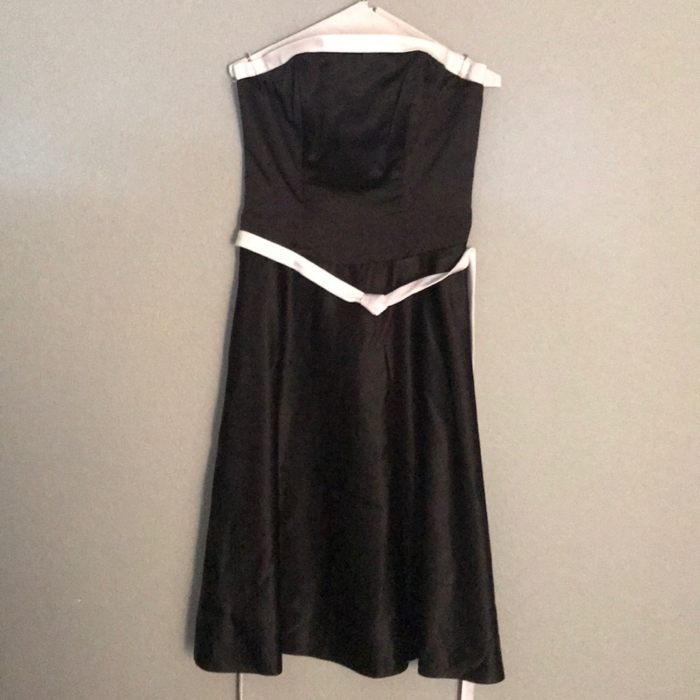 Black strapless party dress.
